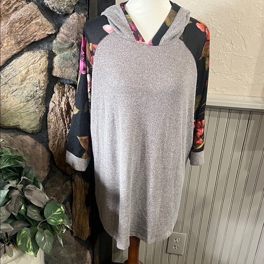 CJ Banks Gray Hoodie with 3/4 Floral Sleeves